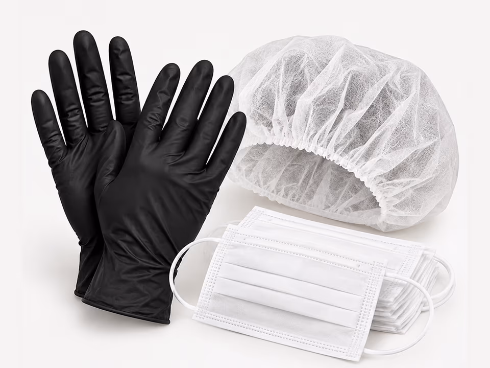 Guantes de nitrilo, cofia y barbijos descartables