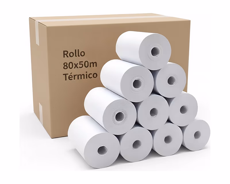 Caja y pila de rollos térmicos 80 x 50 m